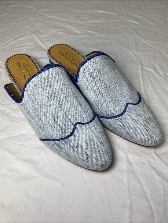 The Office Of Angela Scott Shoes - Angela Scott Light Blue Linen-Style Slip-On Mules with Navy Trim